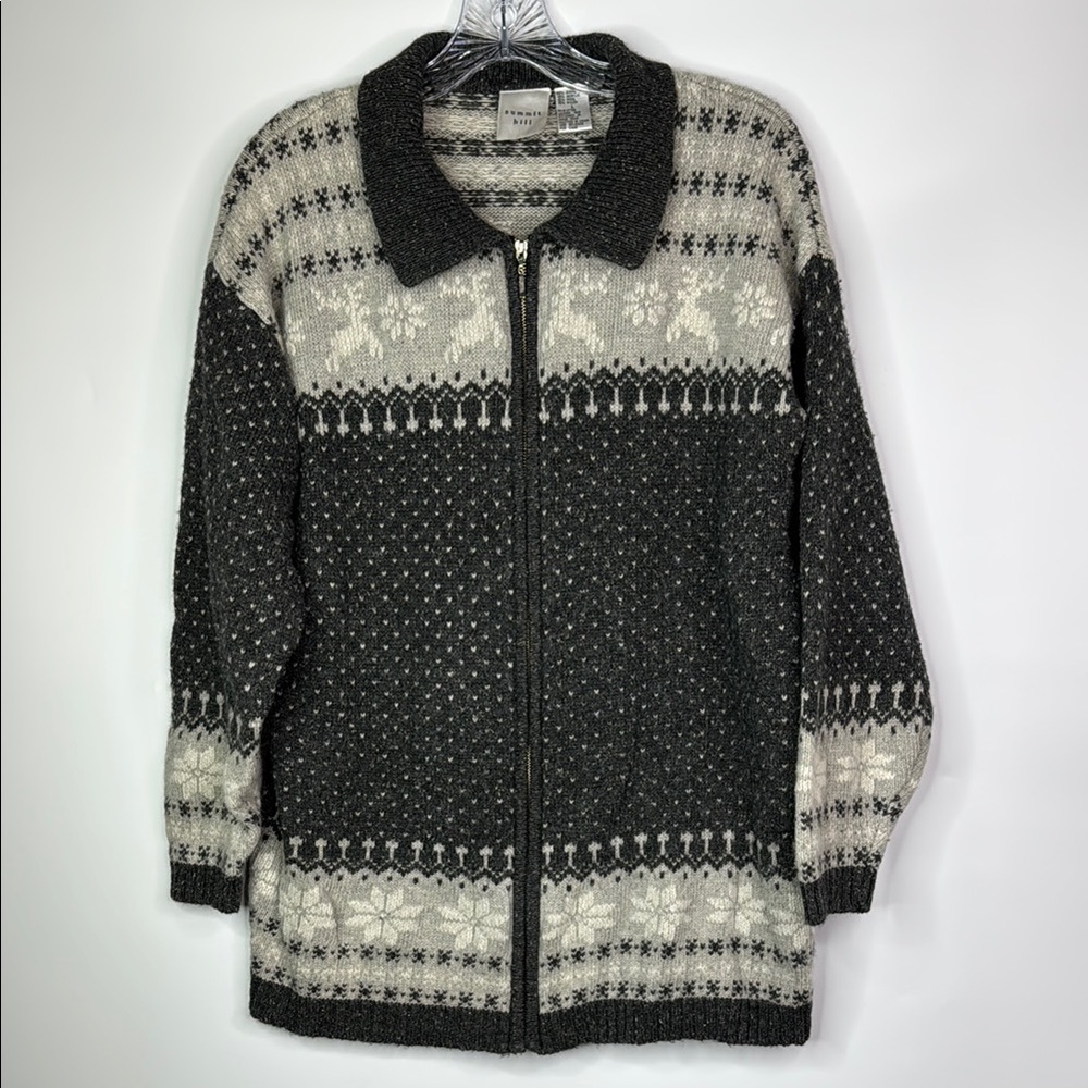 Summit Hill Gray Full Zip Reindeer Snowflake Sweater Size Large
